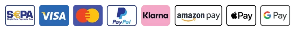 SEPA, VISA, Mastercard, PayPal, Klarna, Amazon Pay, Apple Pay, Google Pay