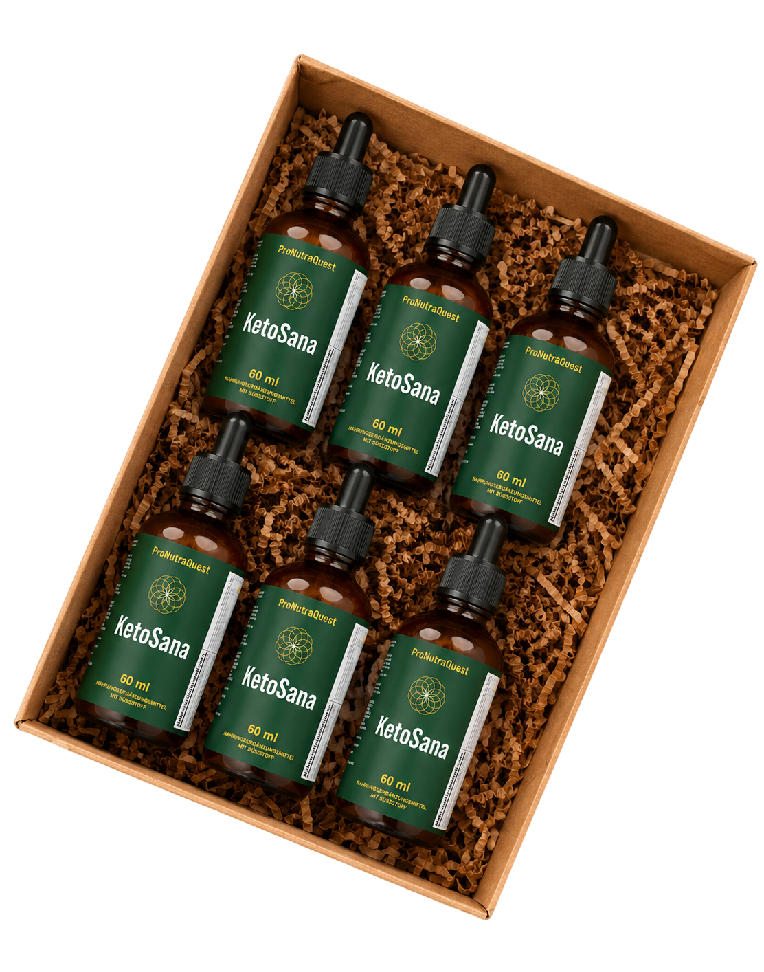 Sechs KetoSana 60 ml Tropfen-Flaschen auf Podium – 6-Flaschen-Paket